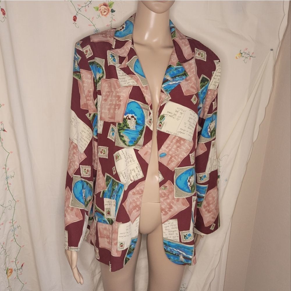 Maggie Sweet vintage retro button down light weight post card prin blazer. - Picture 7 of 12